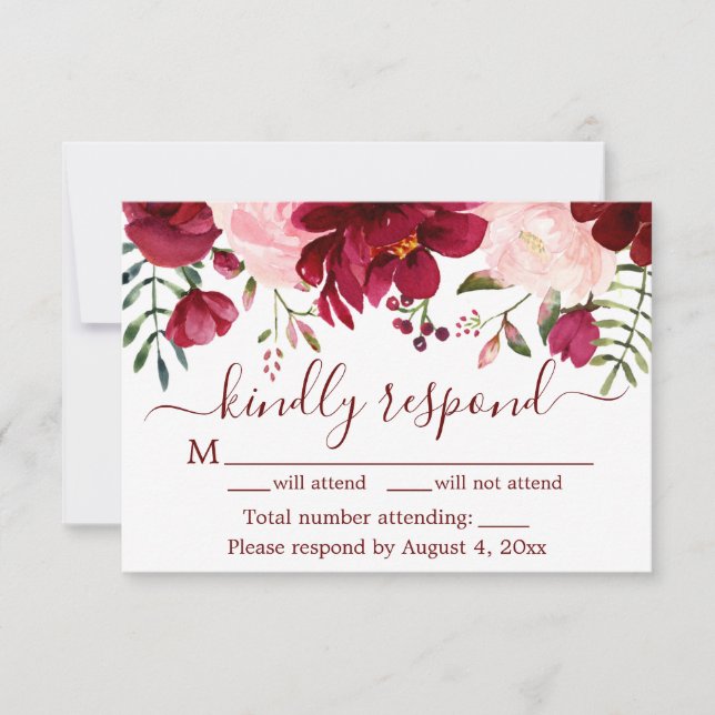 Agradecimento Cartão RSVP de Casamento Floral Burgundy (Frente)