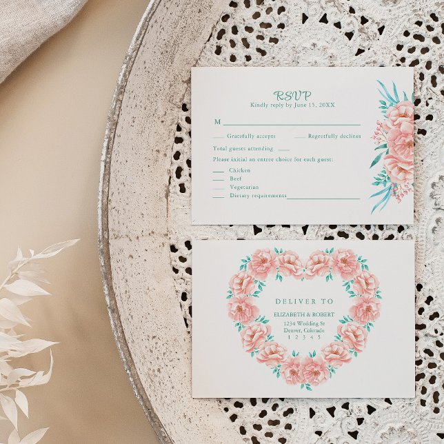 Agradecimento Cartão RSVP de Casamento Floral Peach e Turquoise (Peach and Turquoise Floral Wedding RSVP Card on a neutral boho wedding table.)