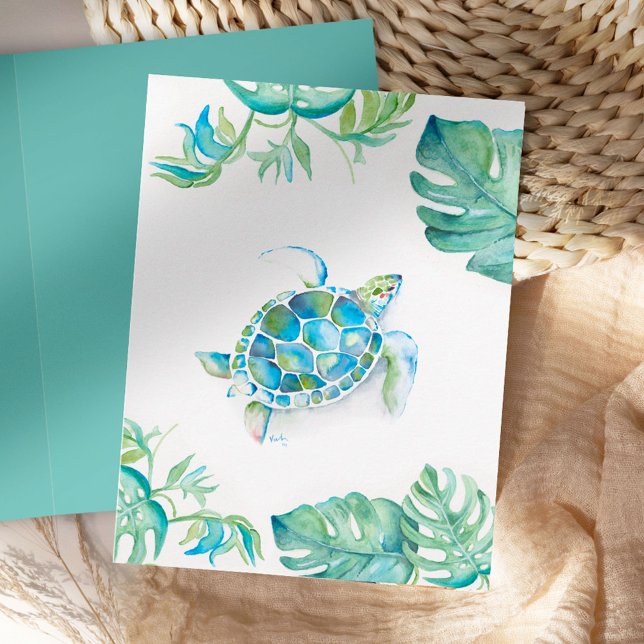 Agradecimento Cartão Simples de Tartaruga Marinha em Aquarela (Sea turtle thank you cards blank with palm leaves watercolor art by Victoria Grigaliunas)