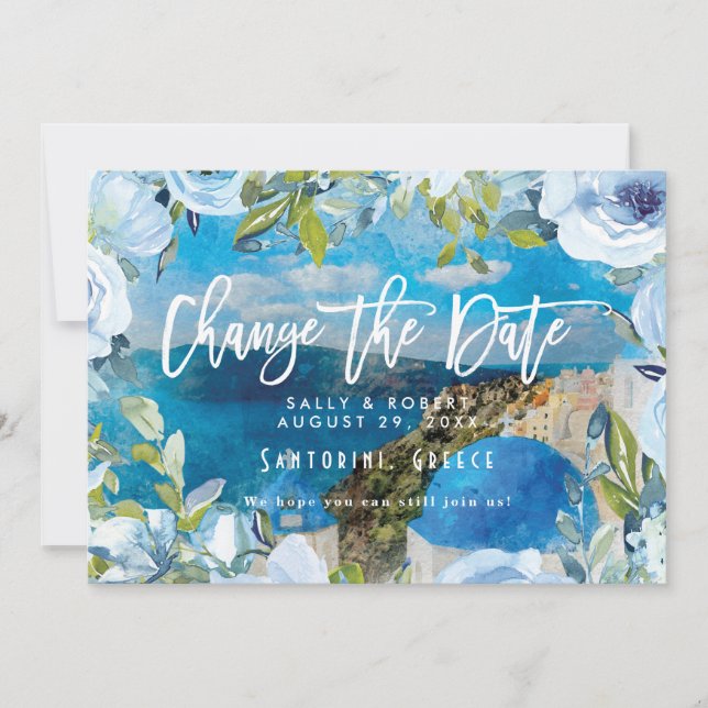 Agradecimento Casamento azul de Santorini muda cartão de data (Frente)