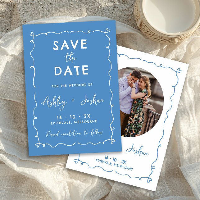 Agradecimento Casamento De Desenho De Mão Estilo Salve O Cartão  (Blue Whimsical Hand Drawn Wedding Save The Date Card, Blue Hand Drawn Save The Date, Trendy Photo)
