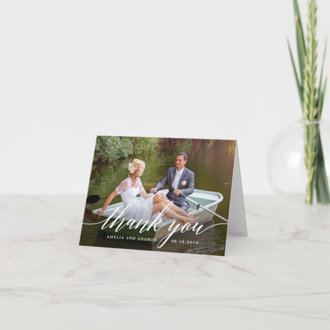 Agradecimento Casamento de Script Moderno Obrigado Cartão com fo (Frente)