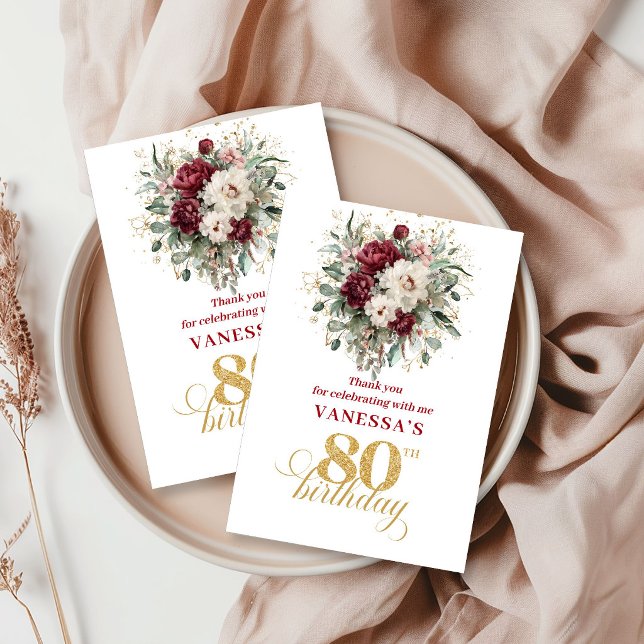 Agradecimento de 80º Aniversário Bege Boêmio Borgo (Bohemian Blush Burgundy 80th Birthday Thank You Card)