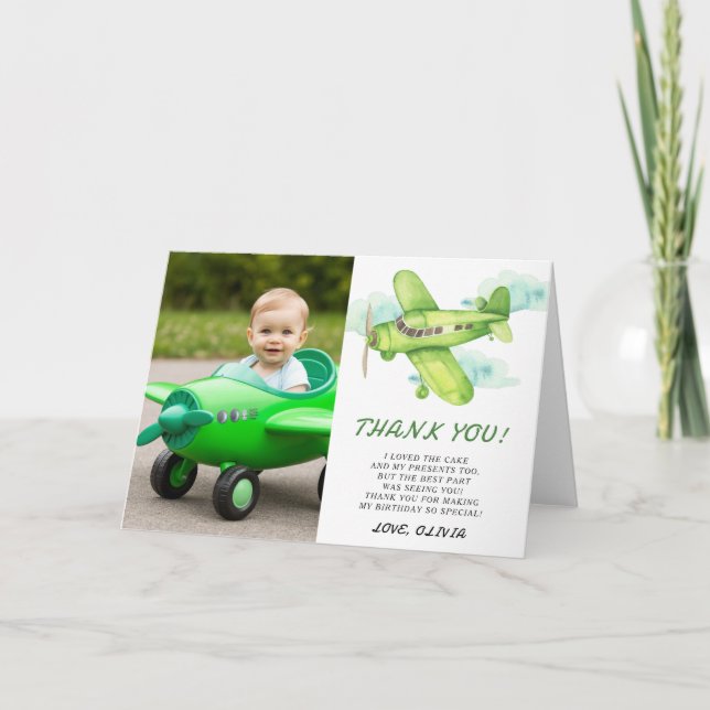 Agradecimento de aniversário do avião verde aquare (Frente)