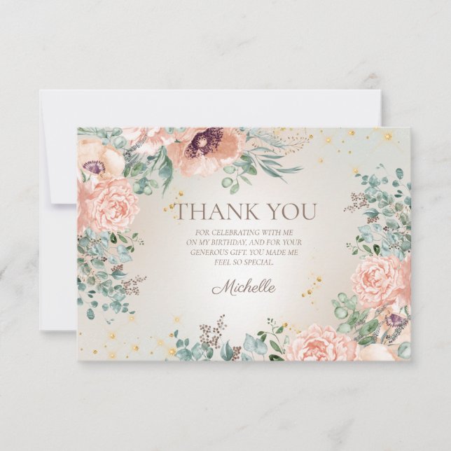 Agradecimento de Aniversário Rosa Floral com Brilh (Frente)