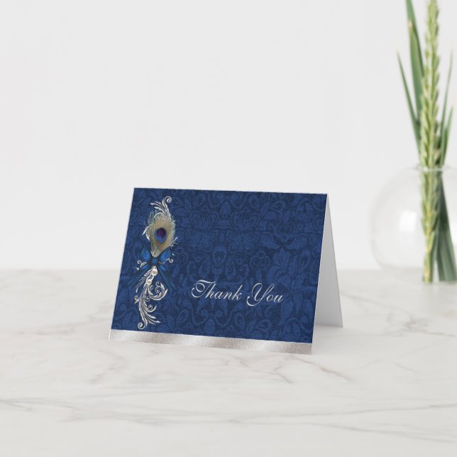 Agradecimento de Casamento em Damask Azul e Pena d (Frente)