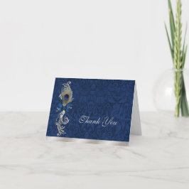 Agradecimento de Casamento em Damask Azul e Pena d