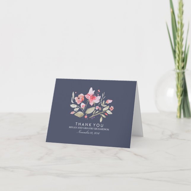 Agradecimento de Casamento Floral Navy e Rosa em A (Frente)