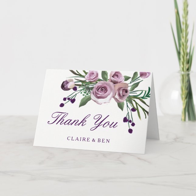 Agradecimento de Casamento Floral Rosa Roxo Românt (Frente)