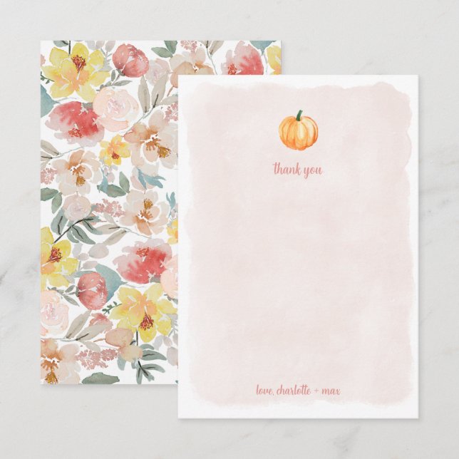 Agradecimento de chá de bebê em aquarela abóbora (Frente/Verso)