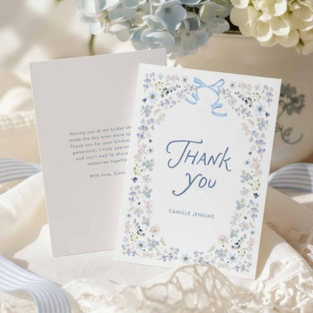 Agradecimento de Chá de Noiva Floral Azul e Laço  (Blue Floral Bridal Shower Thank you Card with message)