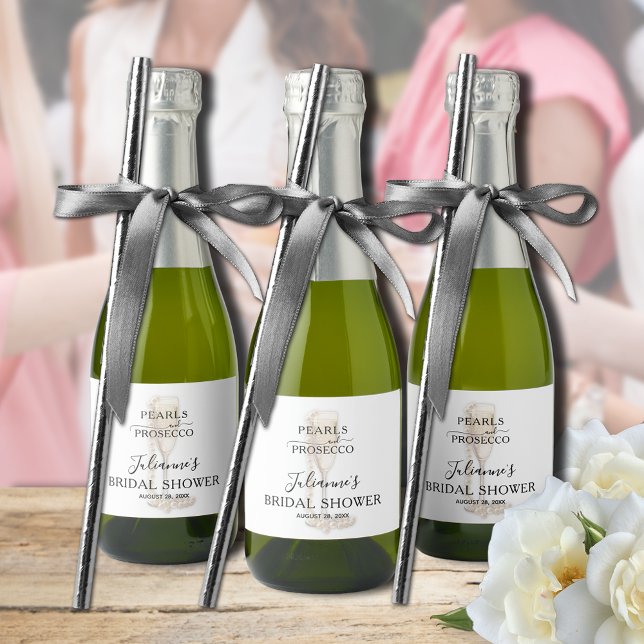 Agradecimento de Chá de Noiva Pérolas & Prosecco (Pearls & Prosecco bridal shower thank you personalized mini champagne bottle labels)