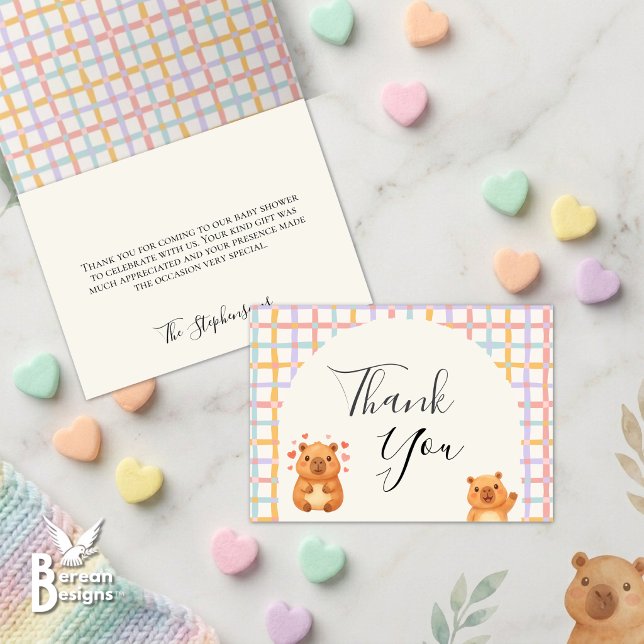 Agradecimento de Chuveiro de Bebê Capivara Aquarel (Cute Watercolor CAPYBARA BABY SHOWER folded Thank You cards to celebrate capy arrival.)