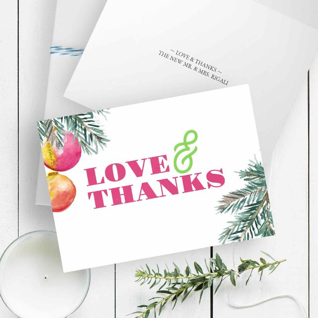 Agradecimento de Natal com Aquarela Moderna (Folded Christmas thank you cards with watercolor pine boughs and pink baubles for pinkmas)