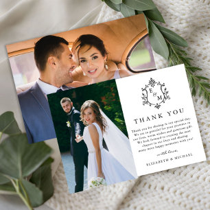 Agradecimento Elegante Cartão de Casamento com Foto e Monograma