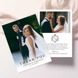 Agradecimento Elegante Cartão de Casamento com Foto e Monograma