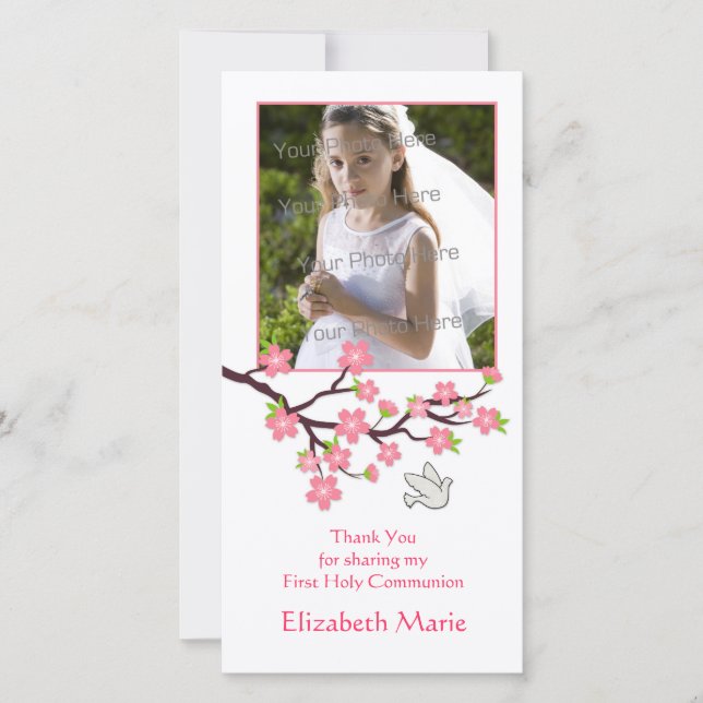 Agradecimento Flores de cereja rosa, pomba, Cartão com fotos rel (Frente)