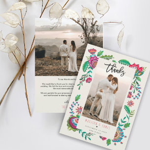 Agradecimento Folk Flowers Obrigado Cartão com fotos de Casament