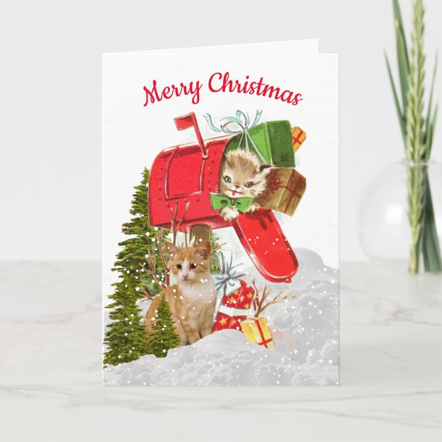 Agradecimento Gato de Natal Fofo Retro / Cartão de Férias de Cai (Frente)