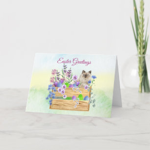Agradecimento Gato de páscoa com Flores Azuis e Cartão de Páscoa