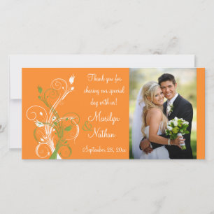 Agradecimento Laranja, Verde, Cartão com fotos de Casamento Flor