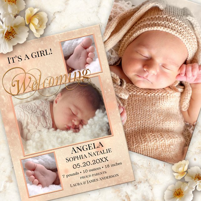 Agradecimento Luzes brilhantes Cartão de Nascimento de Menina (Baby birth announcement card with your photos on a sparkling peach design with script text)