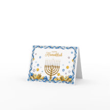 Menorá Dourada & Pião — Feliz Cartão de Hanukkah