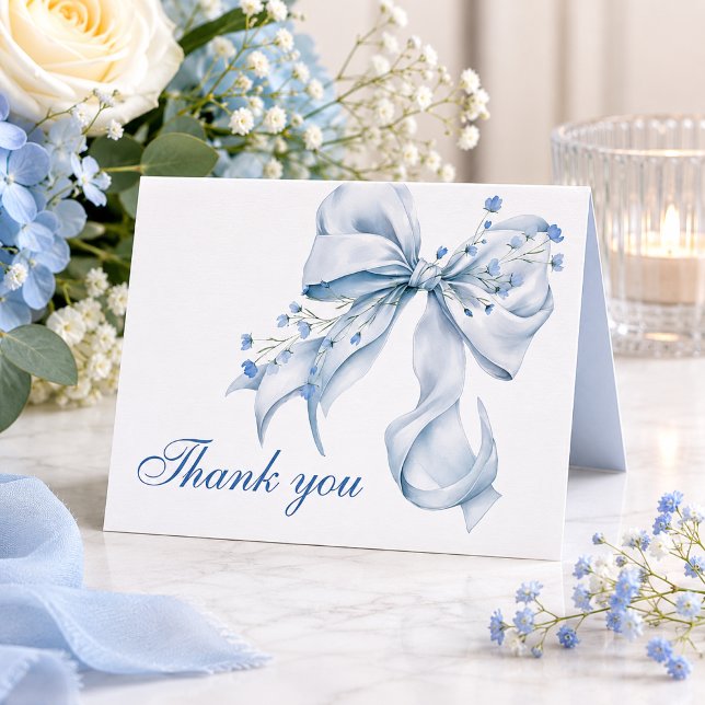 Agradecimento Moderno de Chuveiro de Noiva Coquett (Modern blue bow coquette bridal shower thank you card)