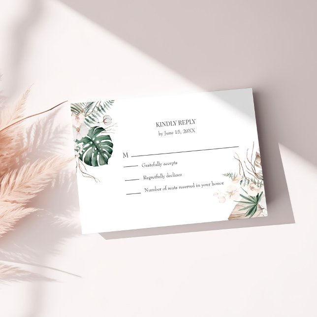 Agradecimento Orquídea Tropical e Cartão RSVP de Casamento Monst (Tropical Orchid and Monstera Wedding RSVP Card on a sunny white table.)