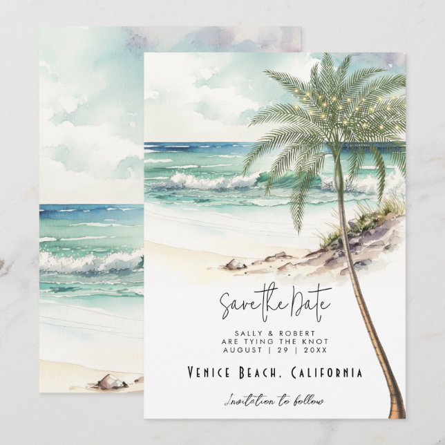 Agradecimento Palmeira tropical de praia salvar cartão de data (Frente/Verso)