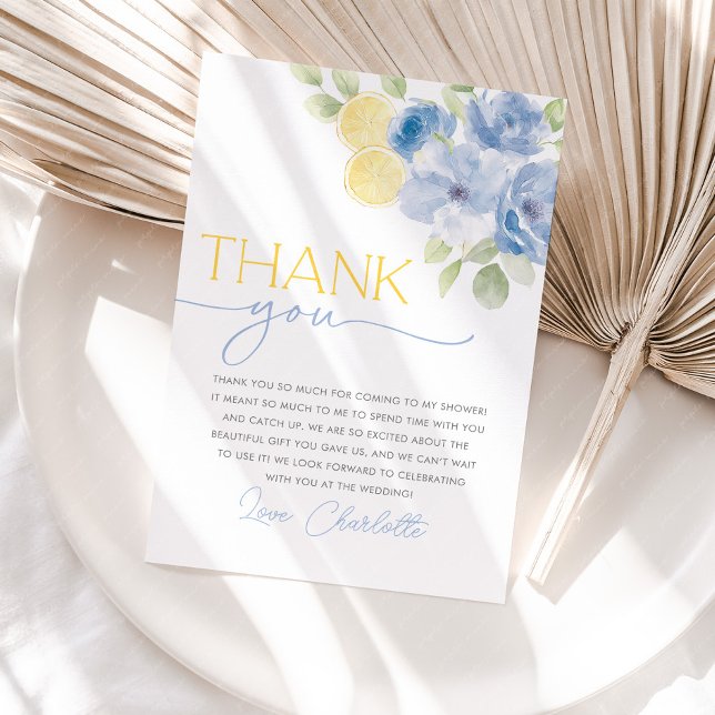 Agradecimento para Noiva Main Squeeze Floral Cítri (She found her main squeeze! Bridal Shower Thank You Cards in Blue floral citrus lemon design)