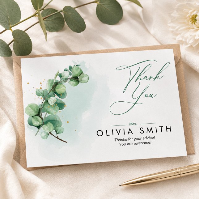 Agradecimento Personalizado Aquarela Eucalipto (Eucalyptus Watercolor Personalized Appreciation Thank You Card, Summer Bridal Shower)