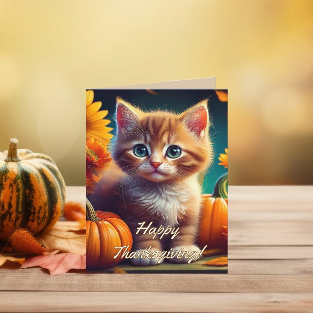 Agradecimento Personalizado de Ação de Graças | Ga (Happy Thanksgiving Ginger Kitten Autumnal Greeting Card with personalised gratitude message inside.)