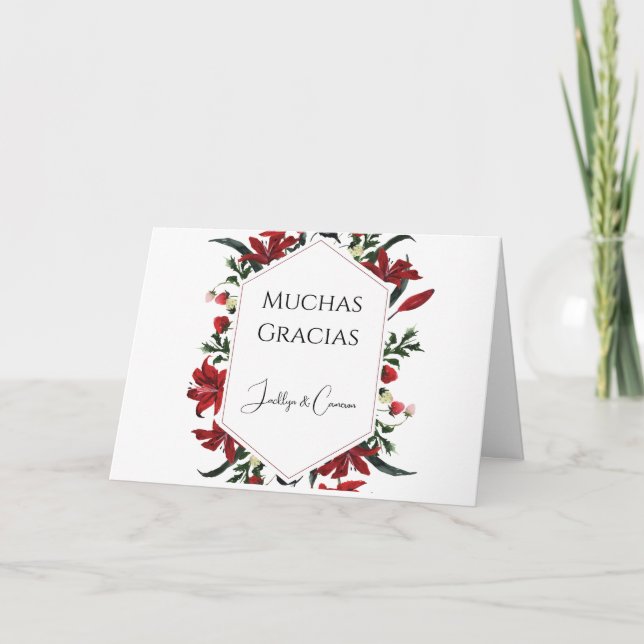 Agradecimento Red Floral Obrigado Cartão de Casamento em Español (Frente)