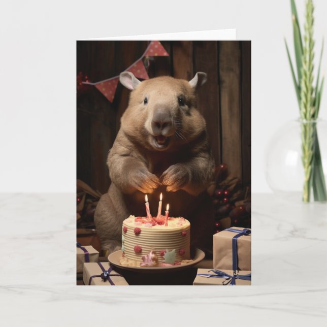 Agradecimento Wombat com Bolo de Aniversário - Cartão (Frente)