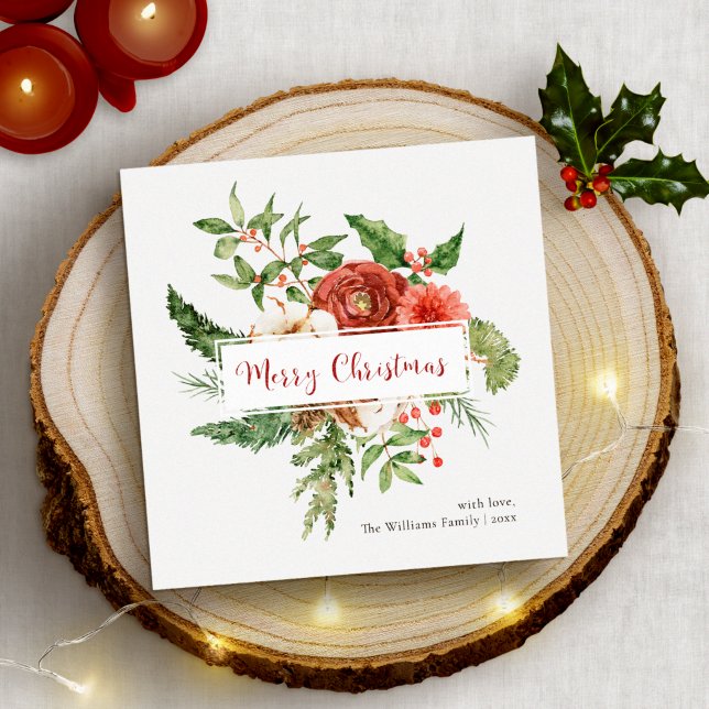 Água-forte Botânica Vermelha de Natal Alegre (Red Holiday Watercolor Botanical Merry Christmas
)