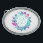 Aguarela do símbolo de Lotus OM AUM da mandala do<br><div class="desc">* Uma mandala da aguarela de Lotus do símbolo de OM AUM em uma fivela de cinto oval da forma do fundo branco. As cores da mandala são turquesa, azuis dos roxos e pinks* Nota: Você pode personalizar o texto. Aqui para você é um design atraente metafìsica espiritual inclinado novo...</div>