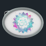 Aguarela do símbolo de Lotus OM AUM da mandala do<br><div class="desc">* Uma mandala da aguarela de Lotus do símbolo de OM AUM em uma fivela de cinto oval da forma do fundo branco. As cores da mandala são turquesa, azuis dos roxos e pinks* Nota: Você pode personalizar o texto. Aqui para você é um design atraente metafìsica espiritual inclinado novo...</div>