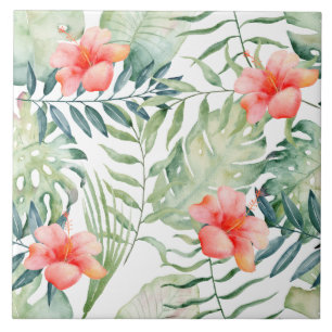 Aguarela floral do hibiscus tropical das folhas