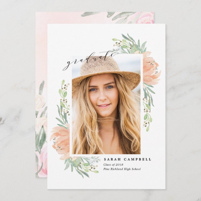 Aguarela/flores do cartão da graduação da foto (Frente/Verso)