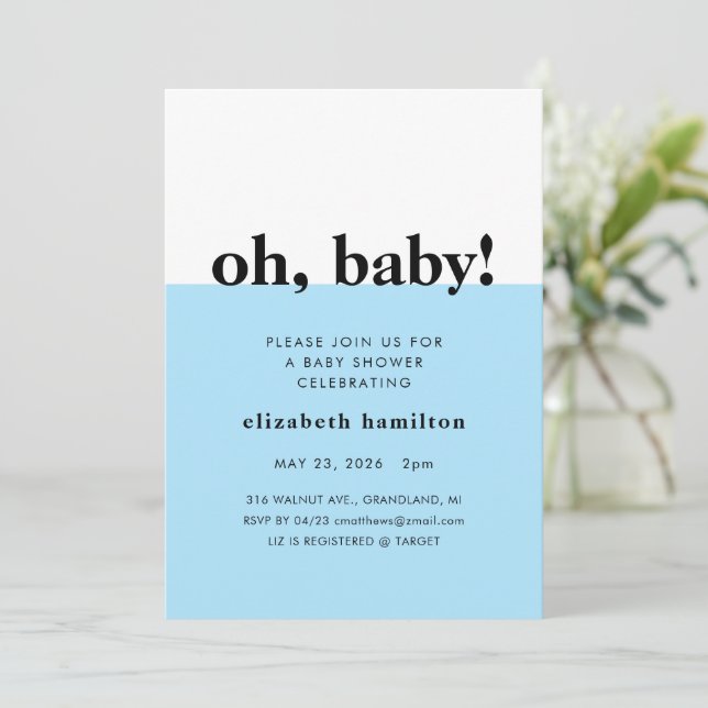 Ah, Bebê! Convite de Chá de Bebê Azul e Branco (Em pé/Frente)