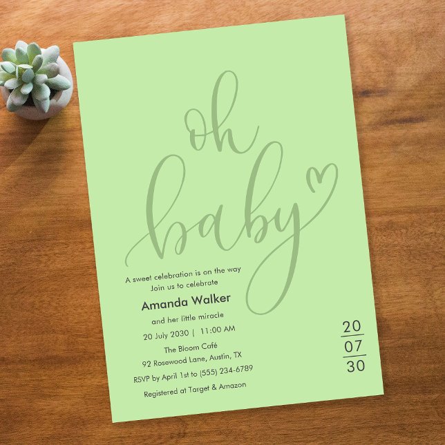 Ah, Bebê!  Convite de Chá de Bebê em Verde Salvia  (Oh Baby! Elegant Sage Green Script Baby Shower Invitation)