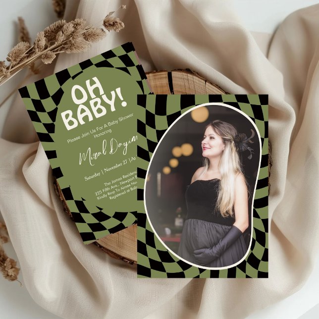 Ah, Bebê! Verde Oliva Xadrez Convite de Chá de Beb (Criador carregado)