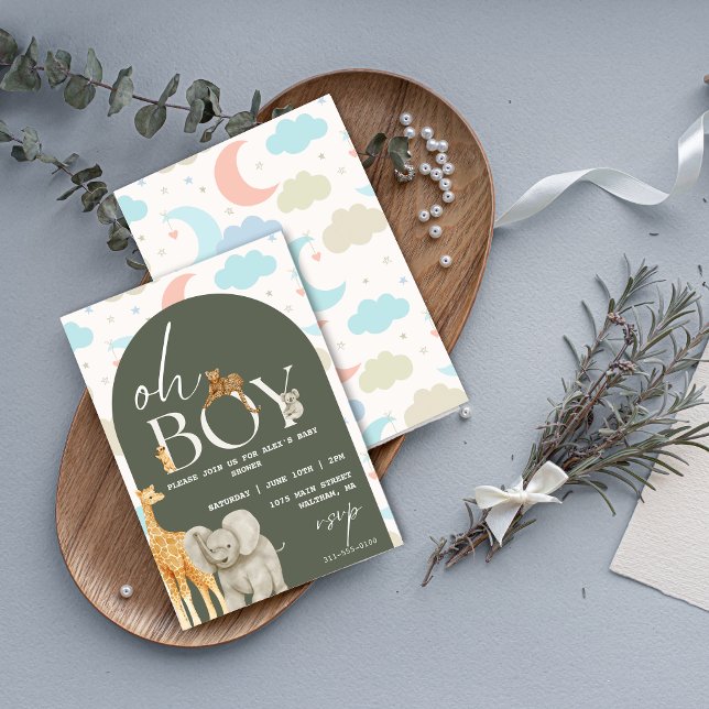 Ah, Menino! Convite para Chá de Bebê de Animais da (Oh Boy! Safari Animals Baby Shower Invitation)