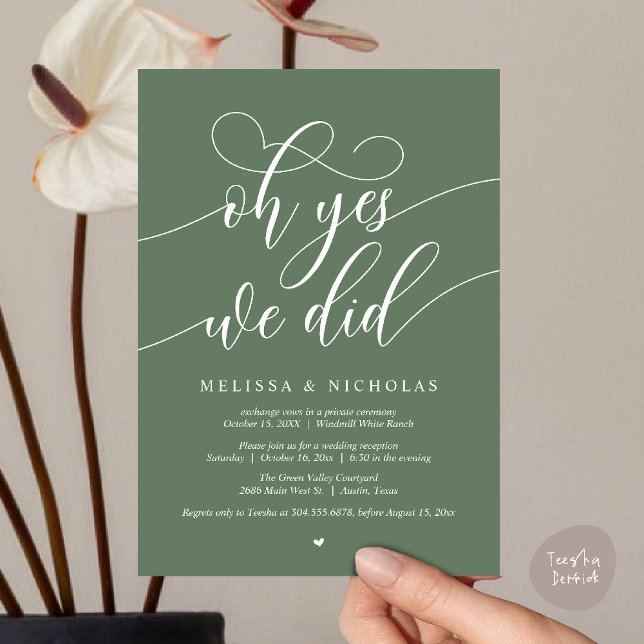Ah Sim, Nós Fizemos Anúncio de Fuga Romântica com  (Oh Yes We Did Modern Creative Script Elopement Announcement Dinner Card in Sage Green)