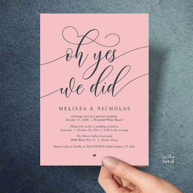 Ah Sim, Nós Fizemos Anúncio de Fuga Romântica com  (Oh Yes We Did Modern Creative Script Elopement Announcement Dinner Card in Blush and Charcoal Grey)