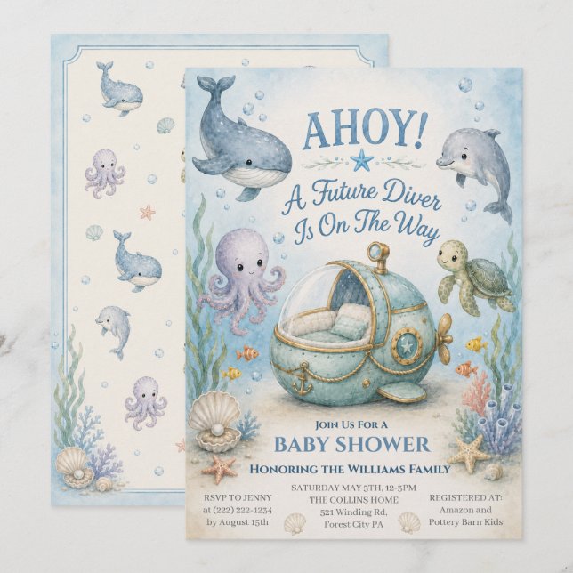 AHOY! Convite de Chá de Bebê do Futuro Diver com B (Frente/Verso)