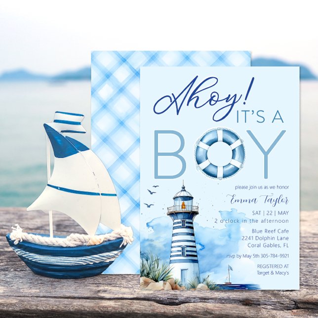 Ahoy, é um convite para Chás de fraldas náuticos (Ahoy It's A Boy Lighthouse Baby Shower Theme)