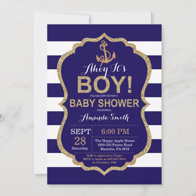 Ahoy, é um menino! Convite para Chás de fraldas Ná (Frente)