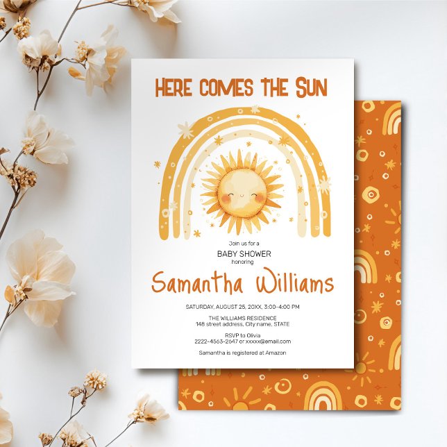 Aí vem o convite do chá de fraldas Sol (Here comes the Sun watercolor cute baby shower invitation )